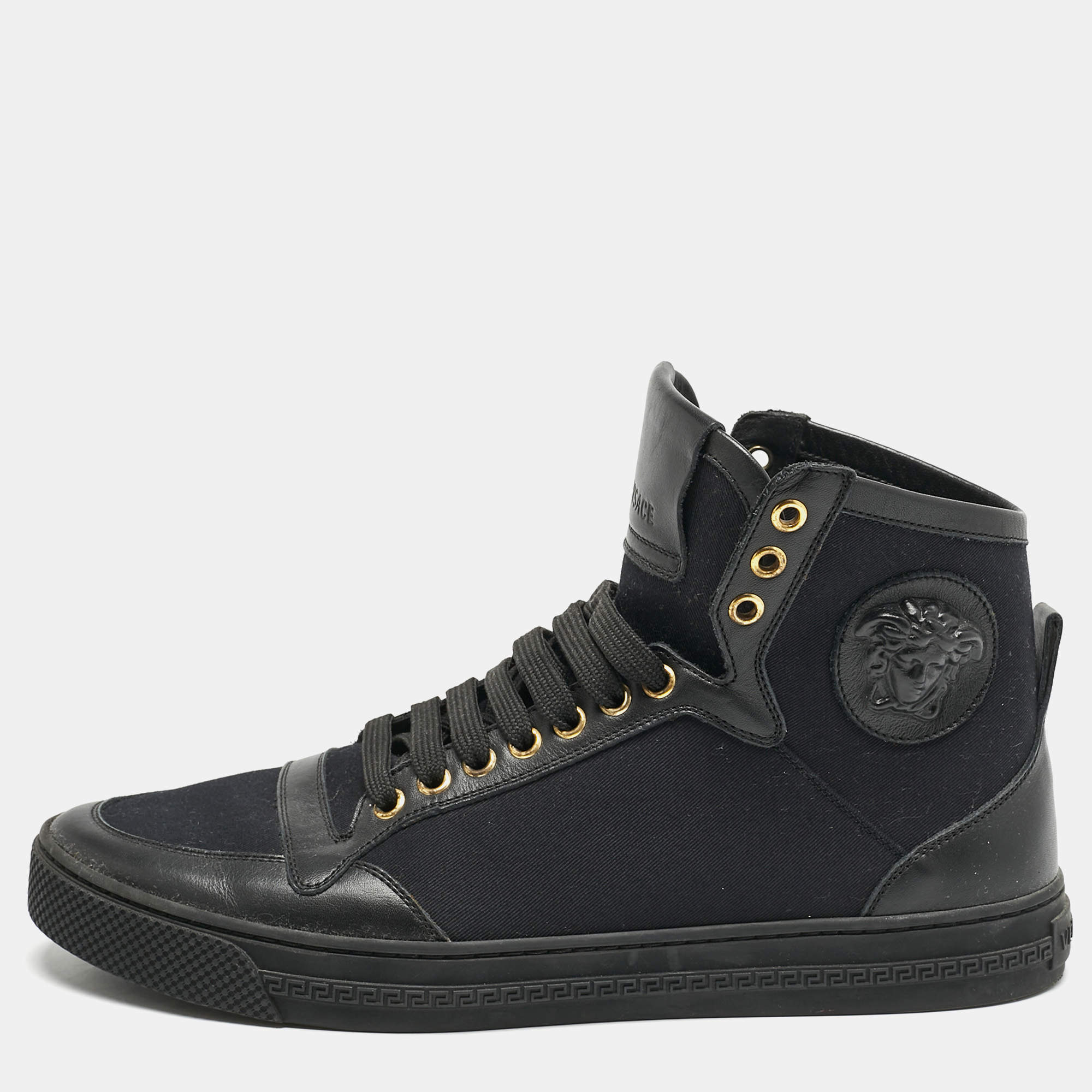 Versace Black Canvas and Leather Medusa High Top Sneakers Size 42