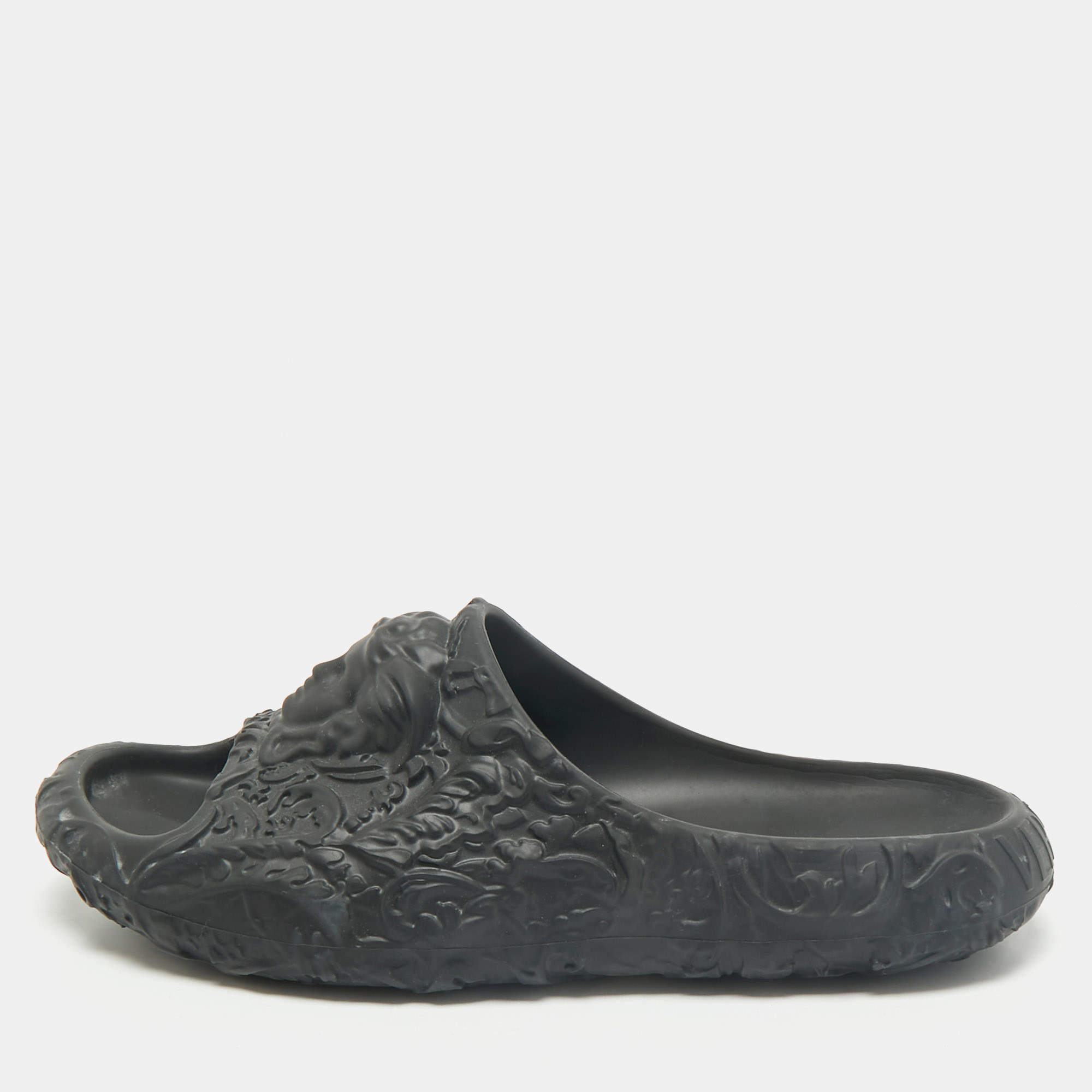 Versace Black Baroque Embossed Rubber Pool Slide Flats Size 42