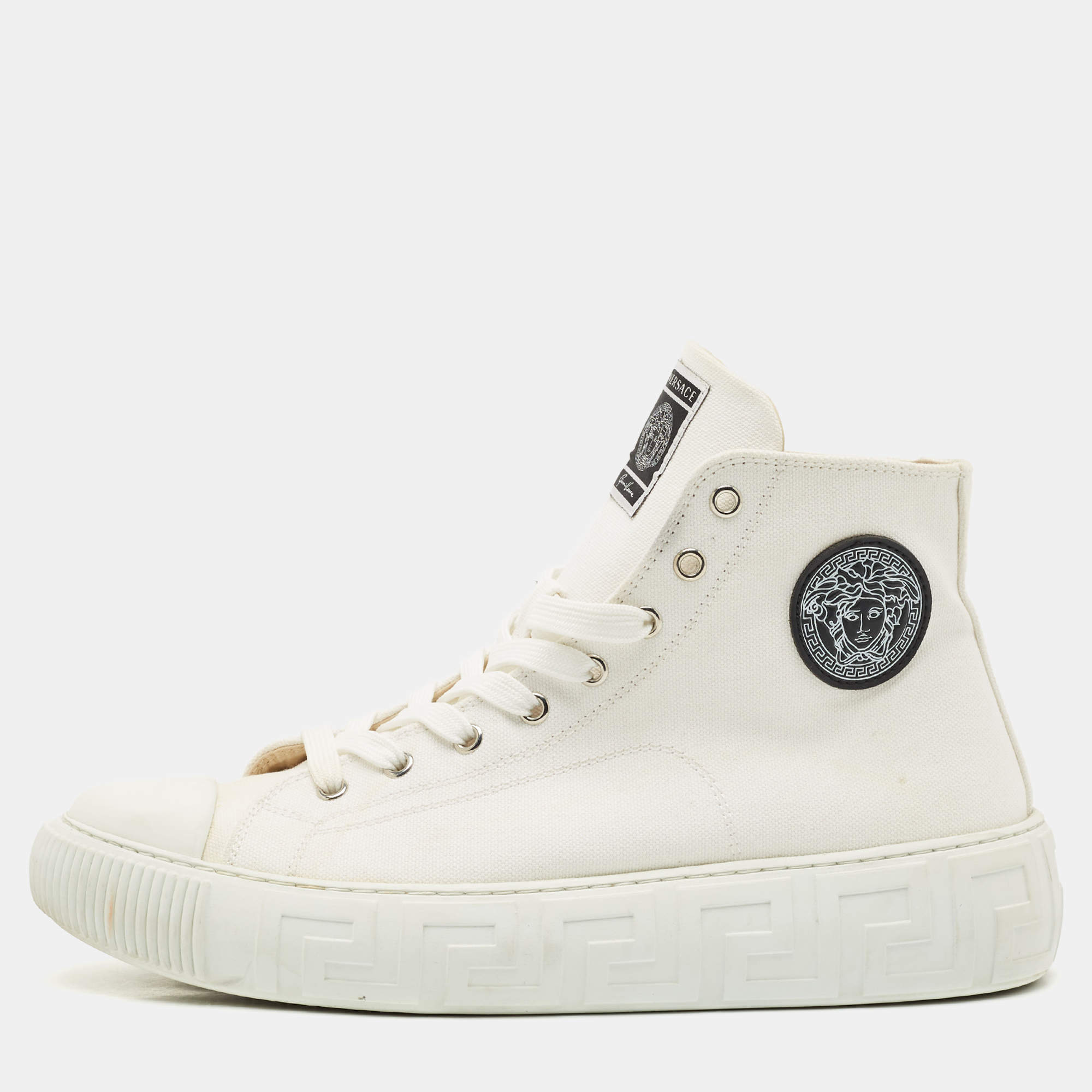 Pre Owned Versace White Canvas Greca Medusa Logo Patch High Top Sneakers Size 42