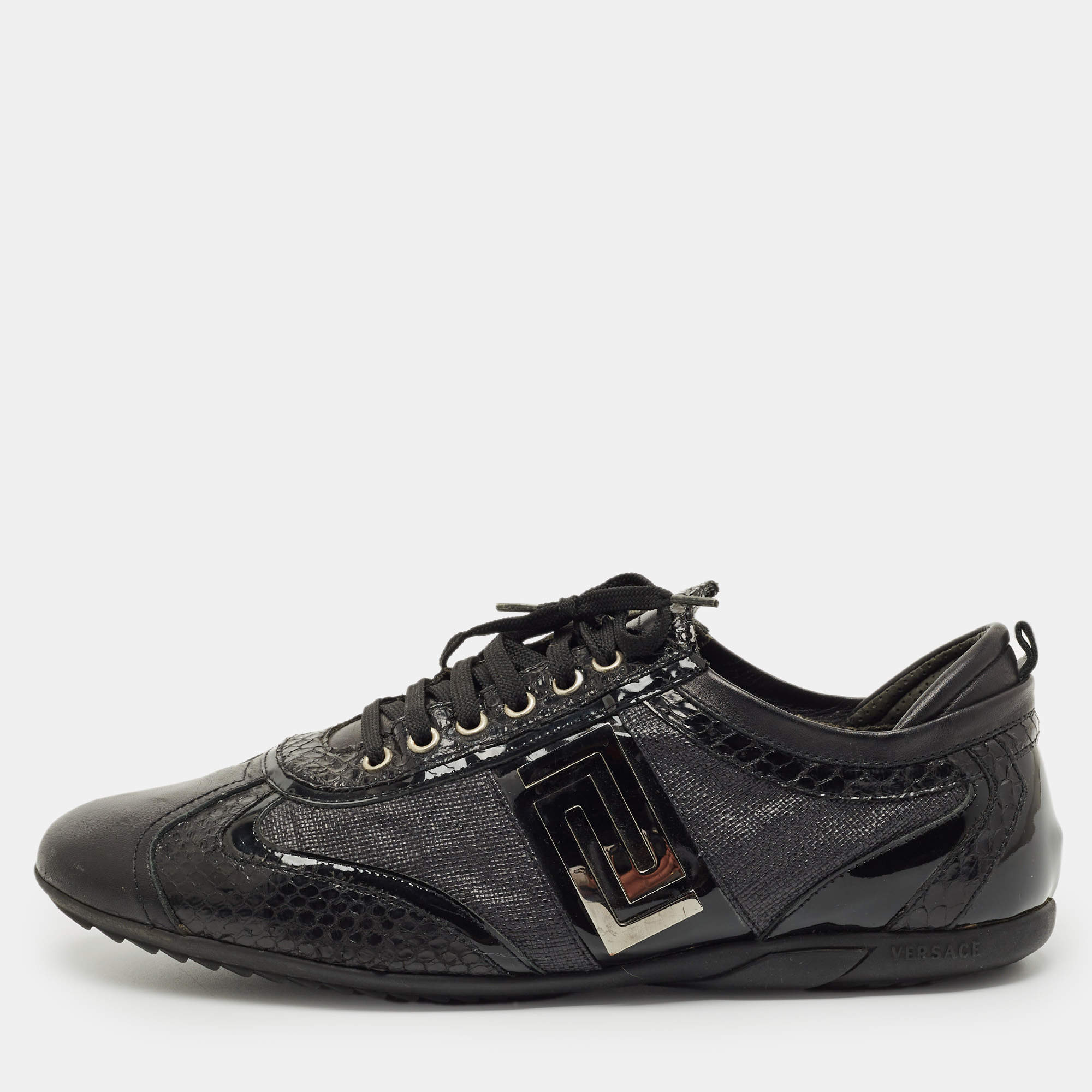 Pre Owned Versace Black Patent Leather and Python Leather Lace Up Sneakers Size 44