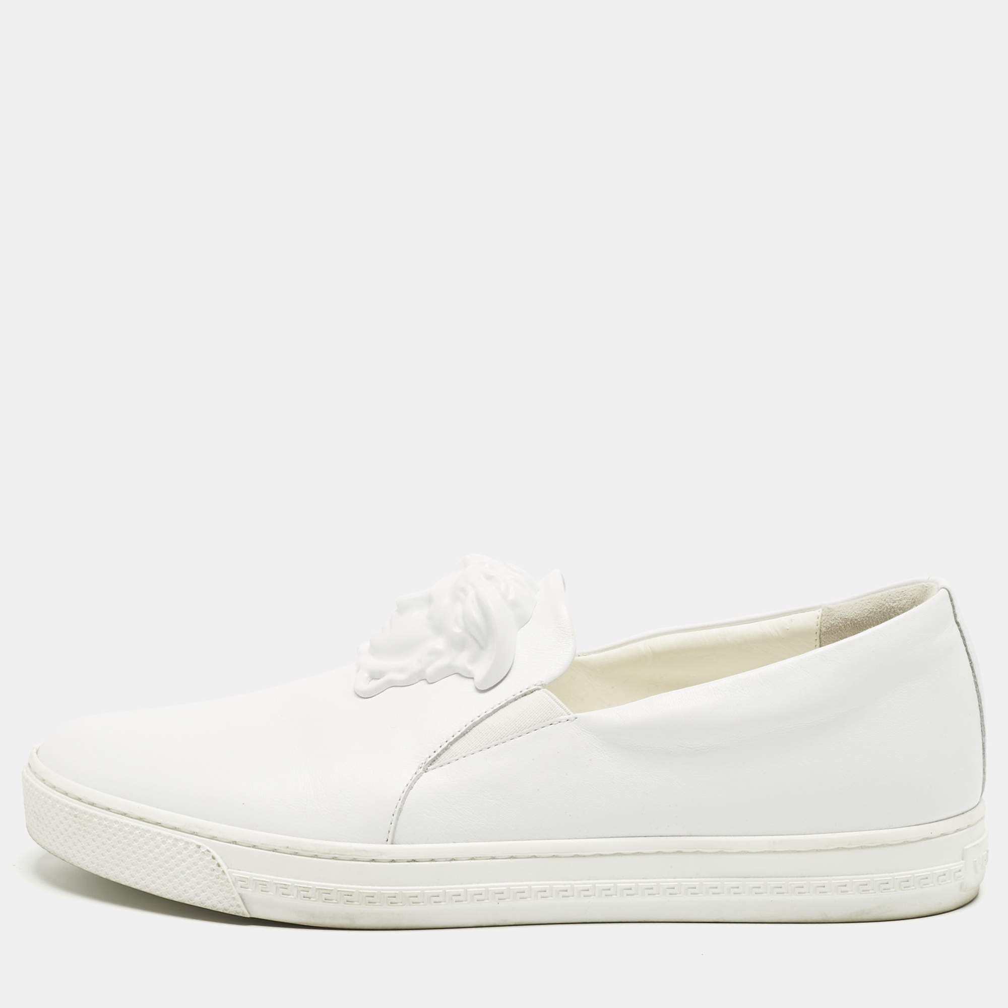 Pre Owned Versace White Leather Palazzo Medusa Slip On Sneakers Size 43