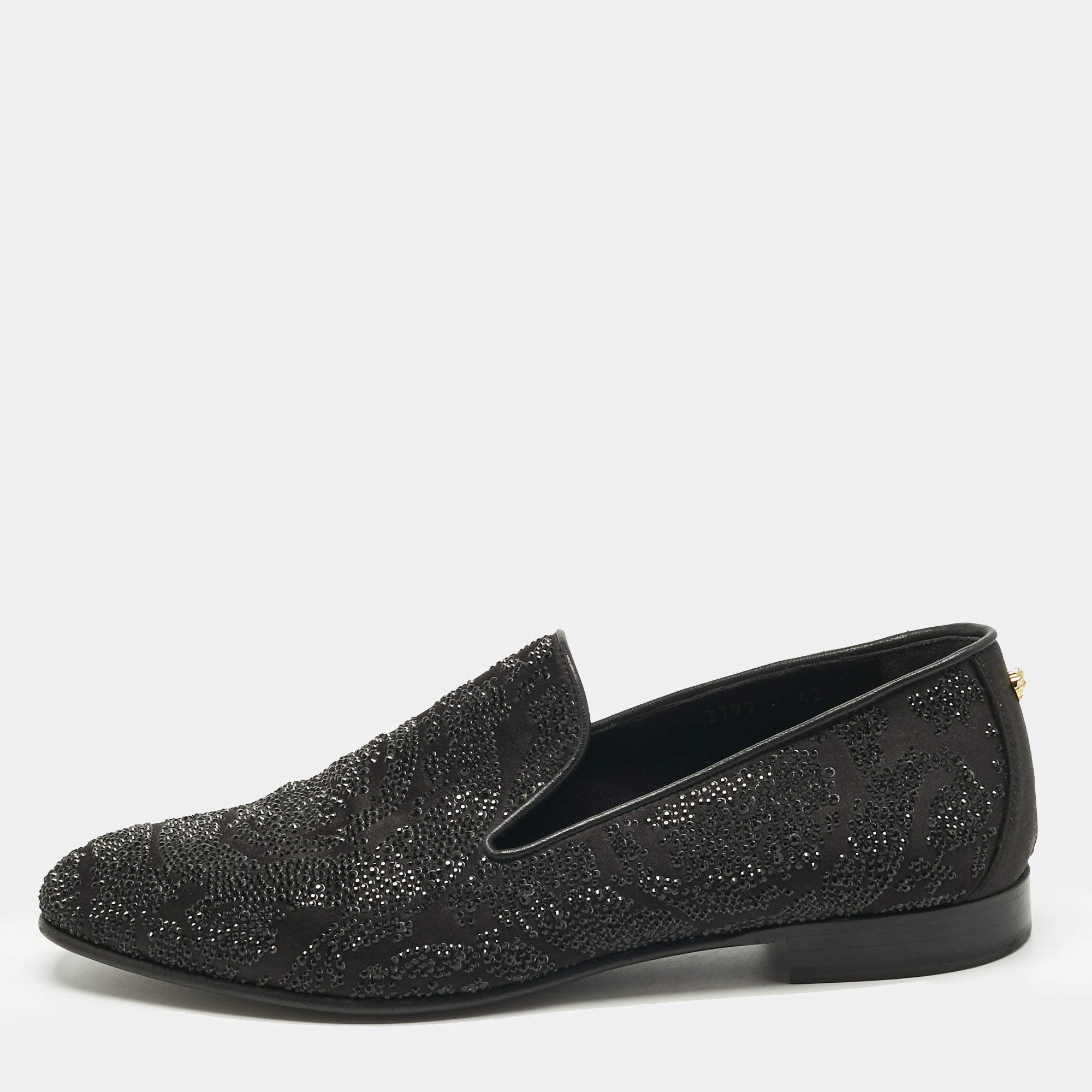Pre Owned Versace Black Crystals and Satin Medusa Logo Smoking Slippers Size 42