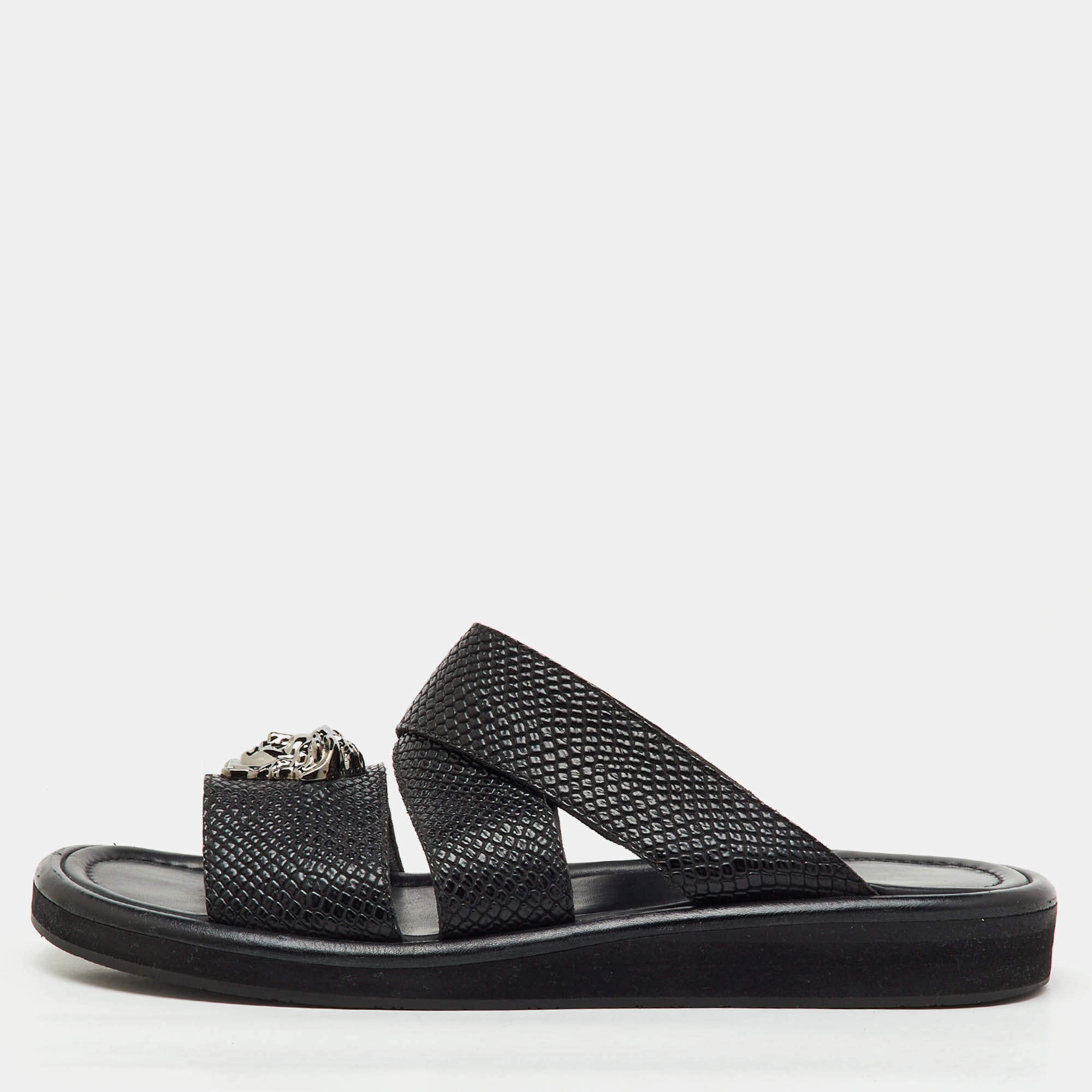 Pre Owned Versace Black Leather Medusa Detail Flat Slide Sandals Size 43
