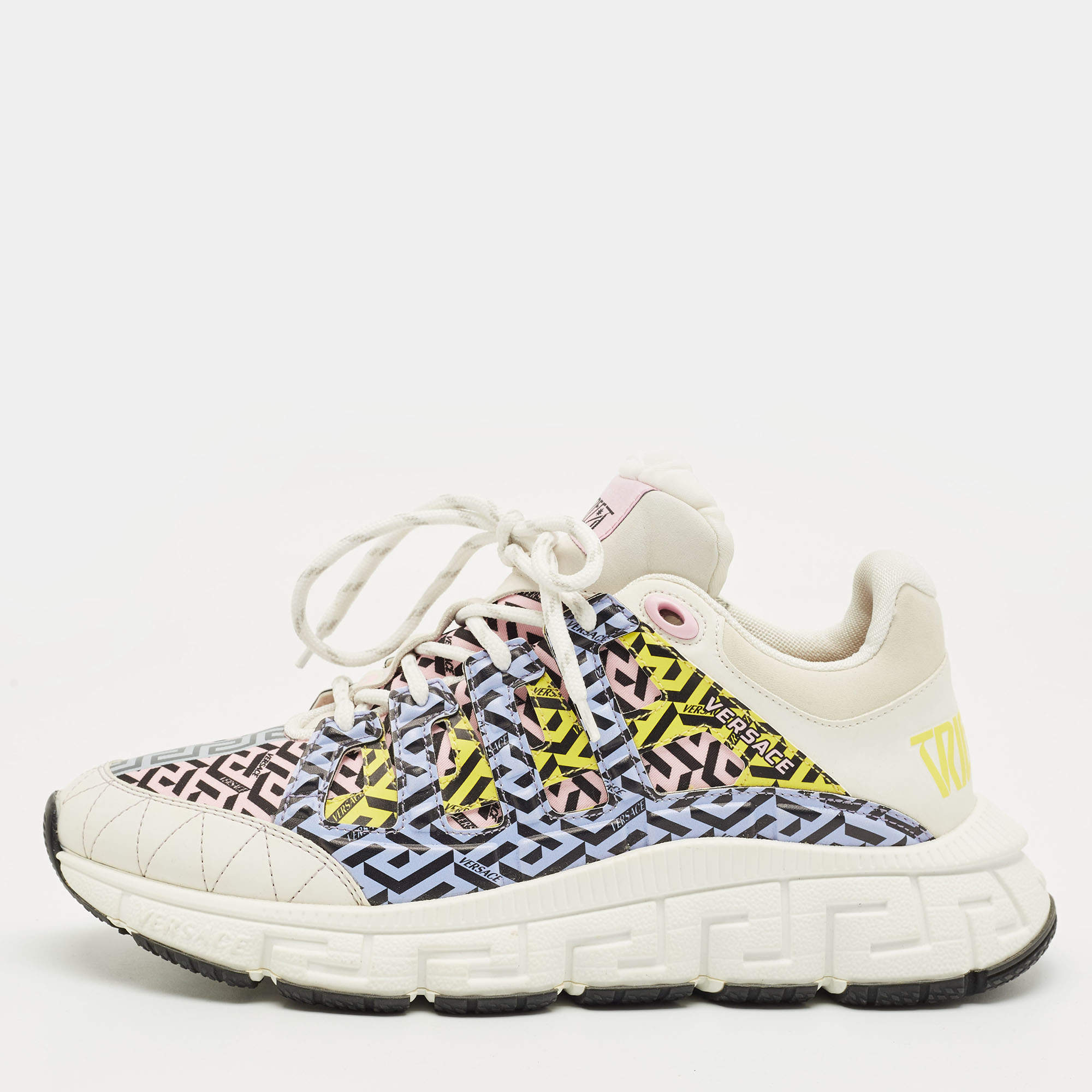 Pre Owned Versace Multicolor Canvas and Leather Trigreca Lace Up Sneakers Size 42
