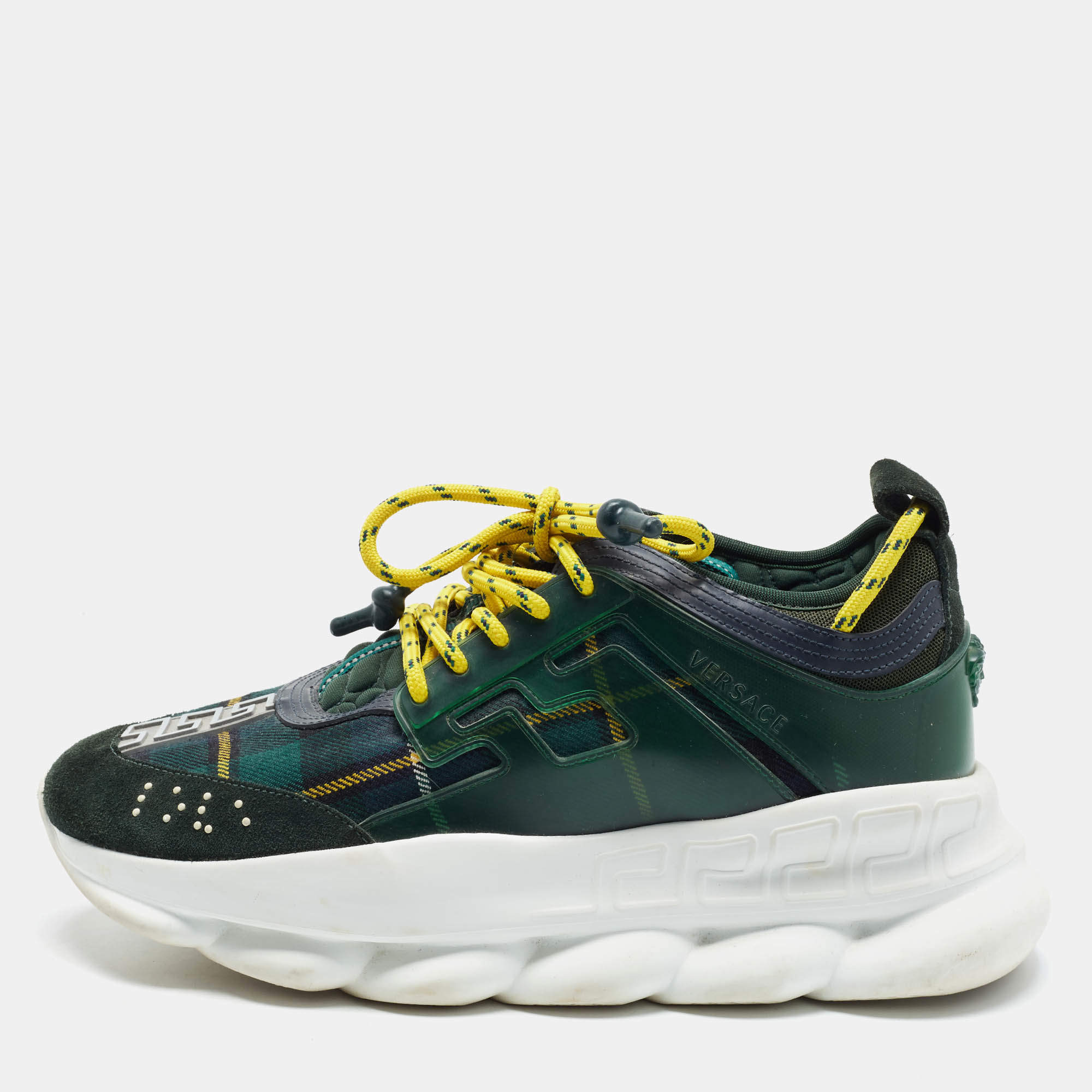 Pre Owned Versace Chain Reaction Size 42 Green Check Canvas and PVC Lace Up Sneakers