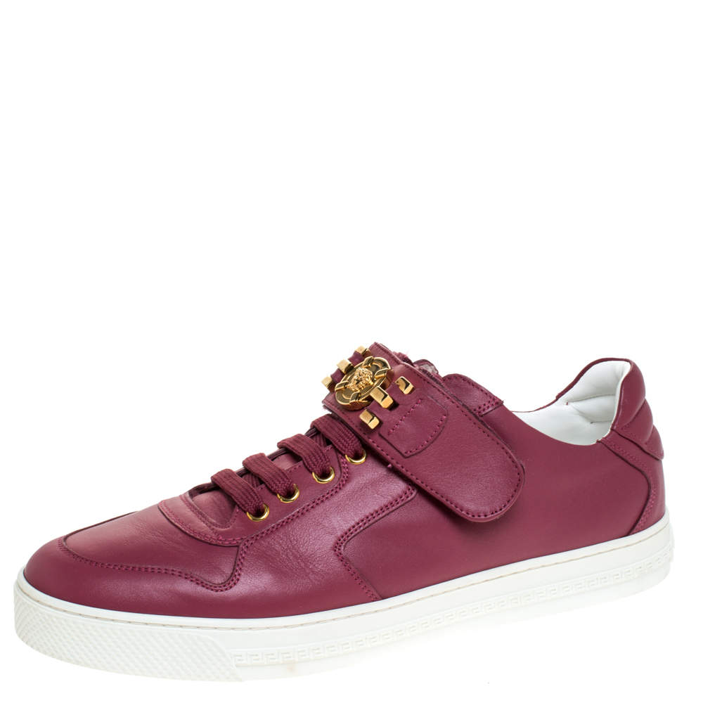 Versace Dark Pink Leather Medusa Strap Lace Up Low Top Sneakers Size 43