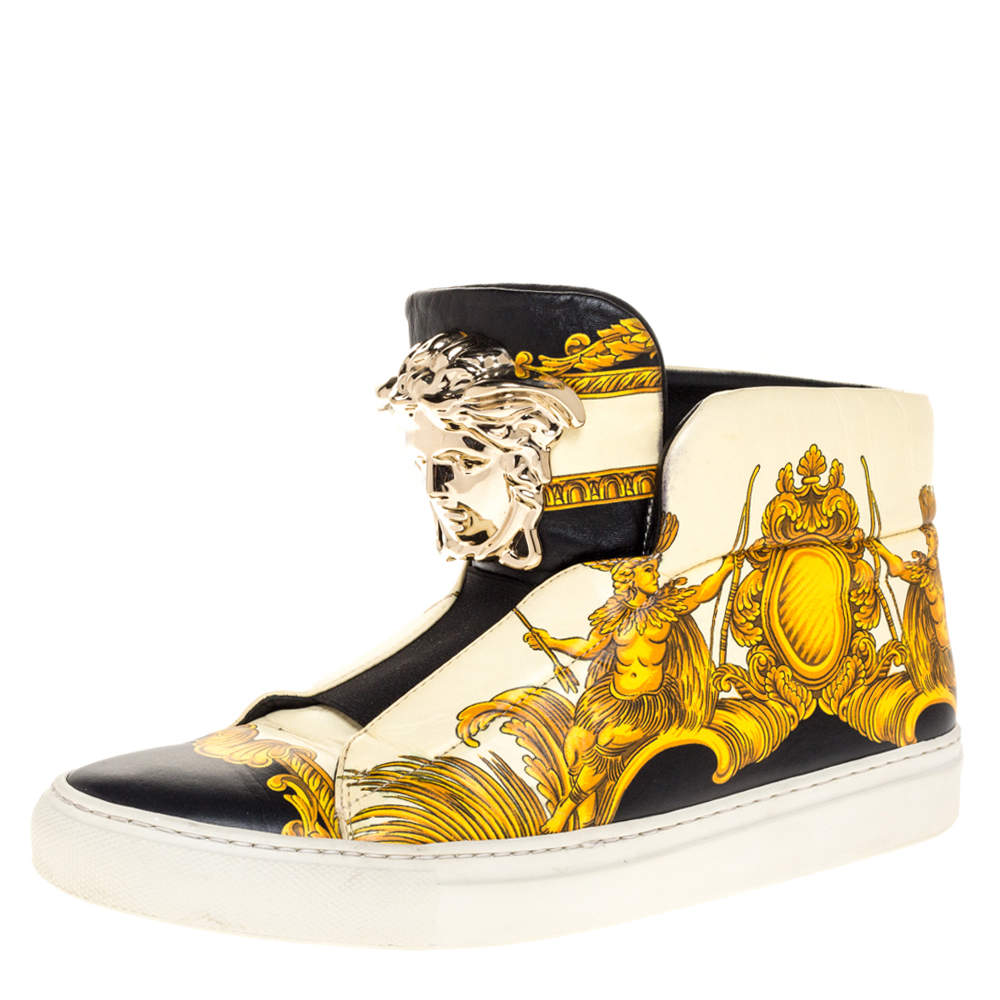 Versace Cream Tigris Print Leather Palazzo Medusa High Top Sneakers Size 38