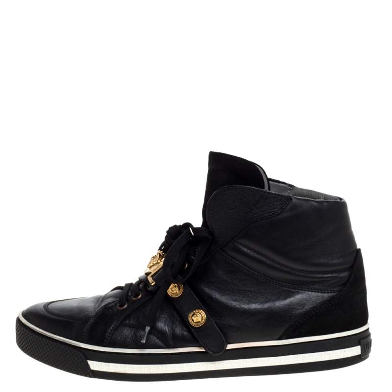 Versace Black Leather And Suede Medusa Strap High Top Sneakers Size 41