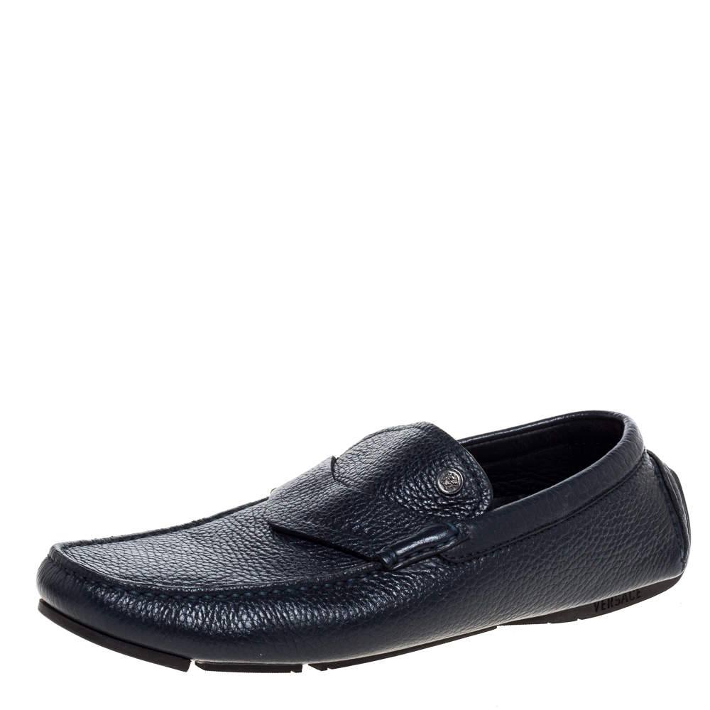 Versace Navy Blue Leather Slip On Loafers Size 40