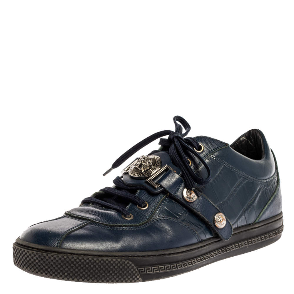 Versace Blue Leather And Croc Embossed Leather Medusa Low Top Sneakers Size 41