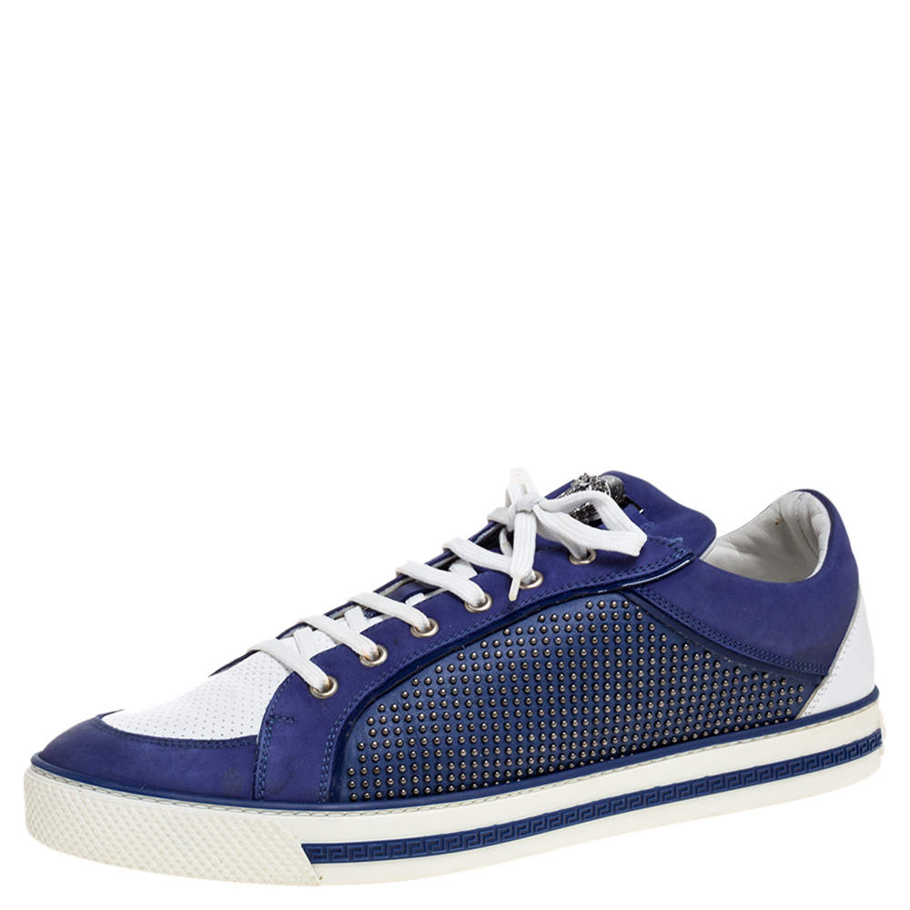 Versace Blue Suede Studded Medusa Low Top Sneakers Size 44.5