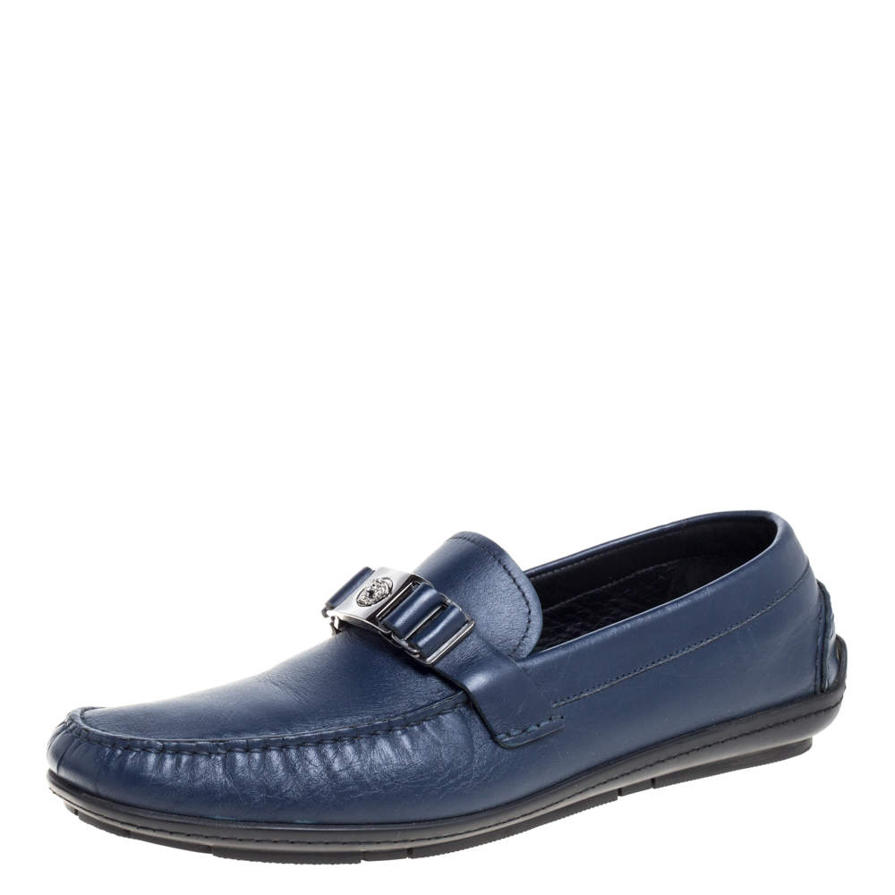 Versace Blue Leather Medusa Slip On  Loafers Size 46