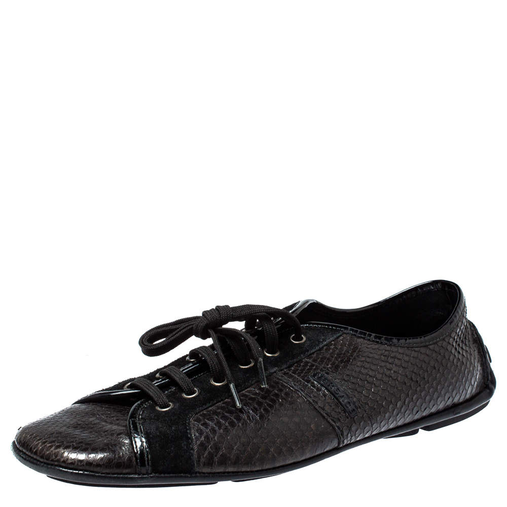 Versace Dark Brown/Black Python and Suede Low Top Sneakers Size 44