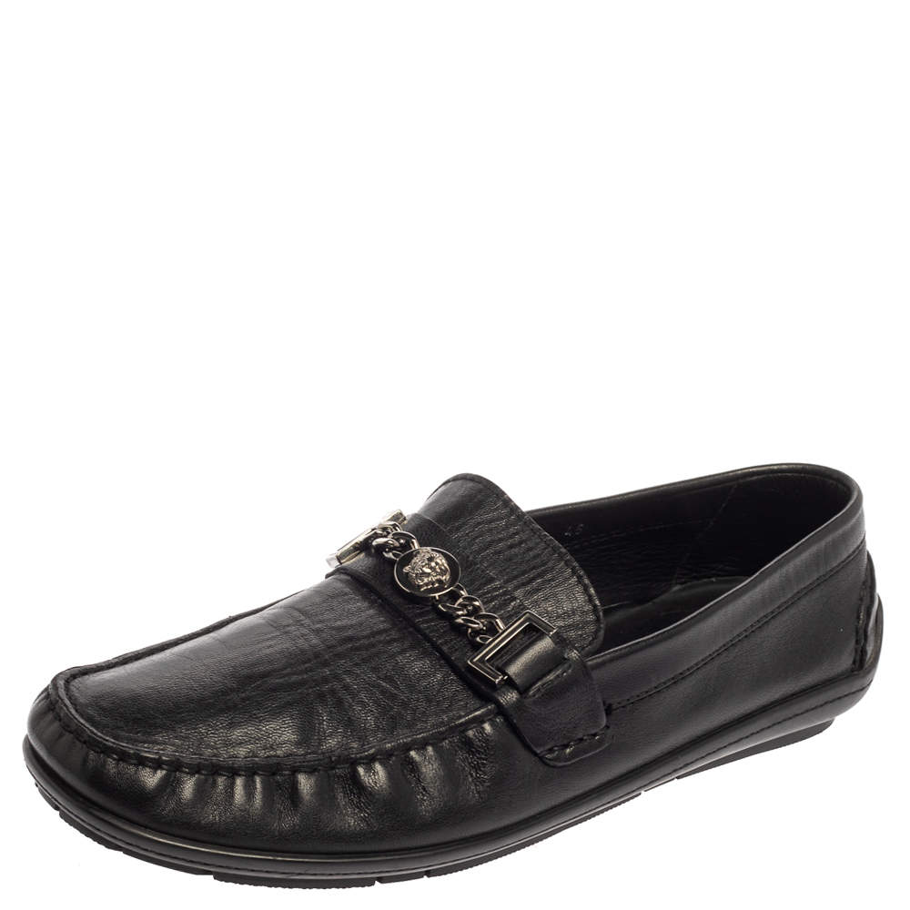 Versace Black Leather Medusa Icon Chain Detail Loafers Size 45