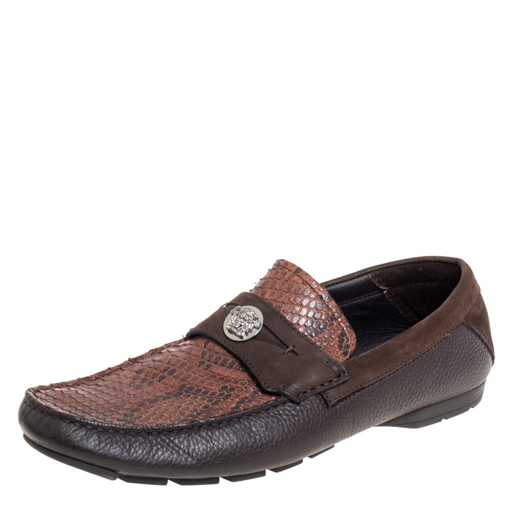 Pre Owned Versace Brown Leather And Python Medusa Embellished Penny Slip On Loafers Size 41