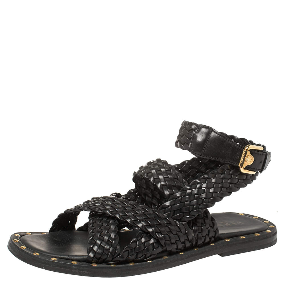 Versace SS21 Black Leather Braided Sandals Size 42