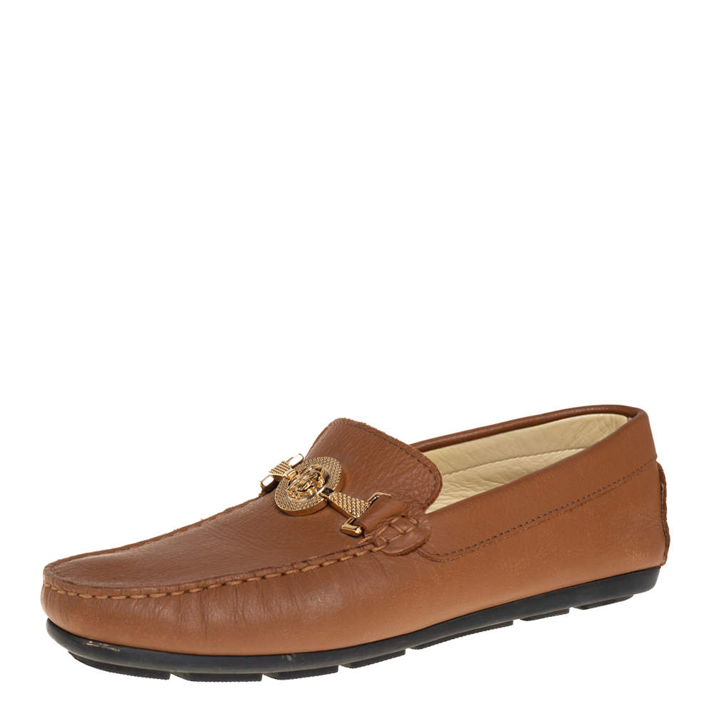 Pre Owned Roberto Cavalli Brown Leather Logo Detail Loafers Size 39