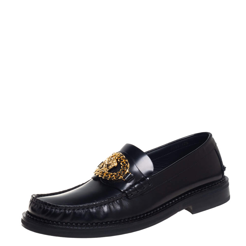 Pre Owned Versace Black Leather Medusa Chain Loafers Size 42.5