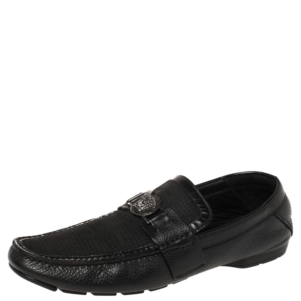 Versace Black Leather Medusa Embellished Slip On Loafers 43