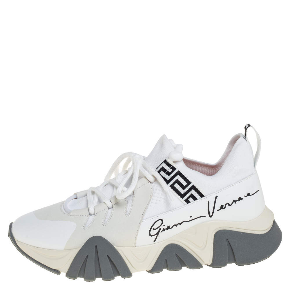 Pre Owned Versace White Nubuck Leather And Knit Fabric Squalo Low Top Sneakers Size 43.5