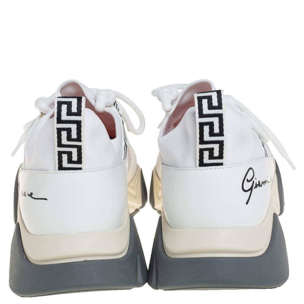 Pre Owned Versace White Nubuck Leather And Knit Fabric Squalo Low Top Sneakers Size 43.5