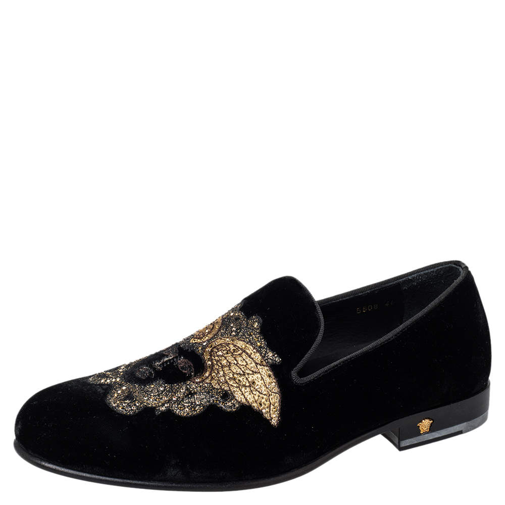 Pre Owned Versace Black Velvet Medusa Slip On Loafers Size 40