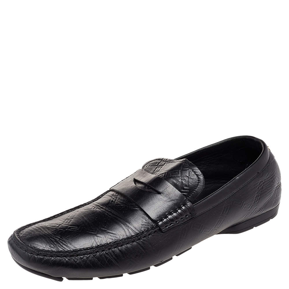 مملوكة مسبقًا Versace Black Leather Penny Slip On Loafers Size 45