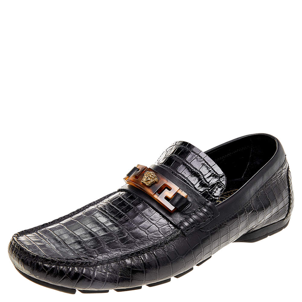 Versace Black Croc Embossed Leather Medusa Loafers Size 42