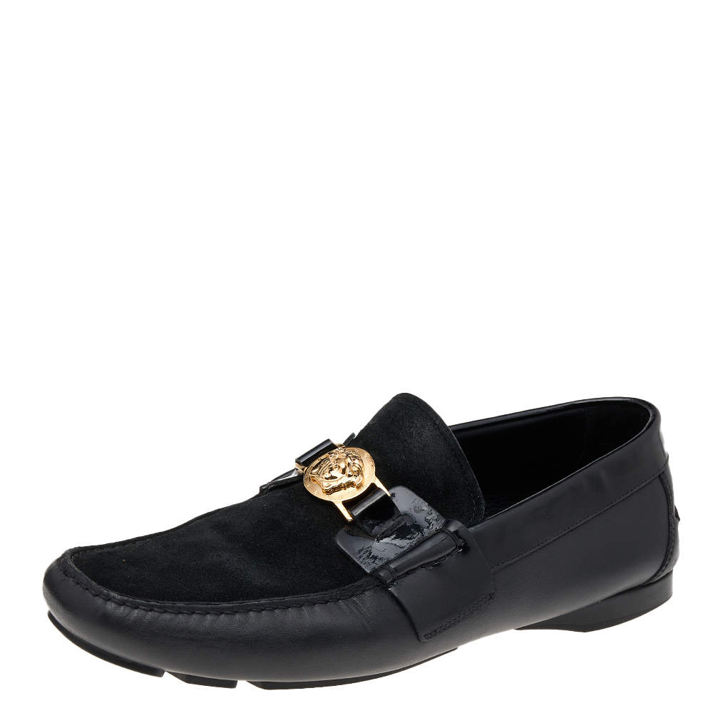 Versace Black Suede And Leather Medusa Embellished Slip On Loafers Size 44