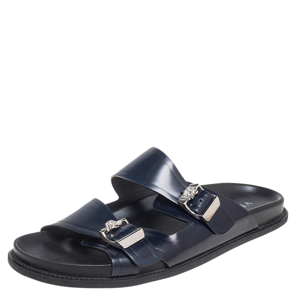 Pre Owned Versace Navy Blue Leather Double Buckle Strap Slide Sandals Size 44