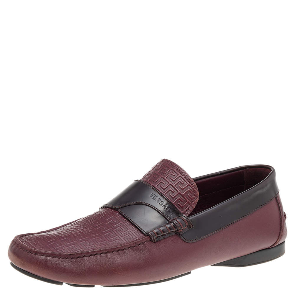 Versace Burgundy Monogram Embossed Leather Slip On Loafers Size 43