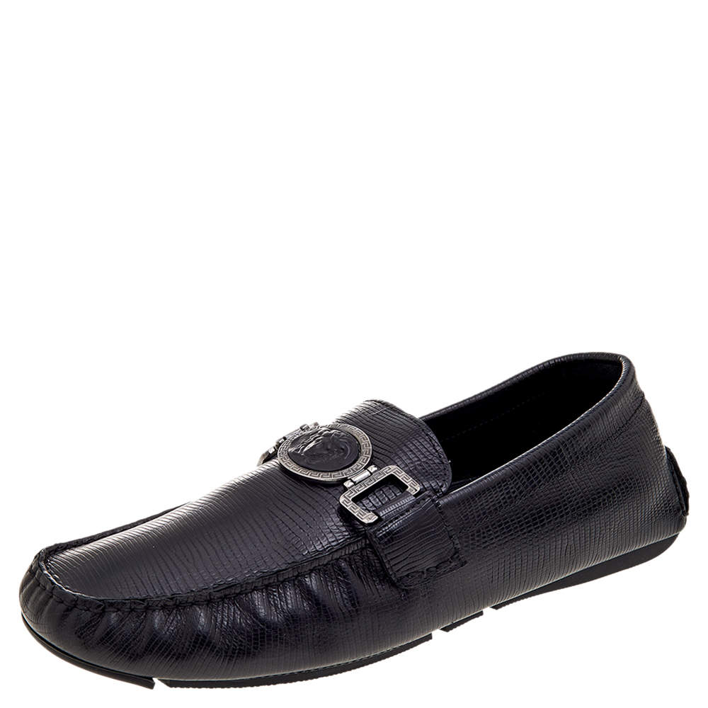 Versace Black Lizard Leather Medusa Detail Slip On Loafers Size 43