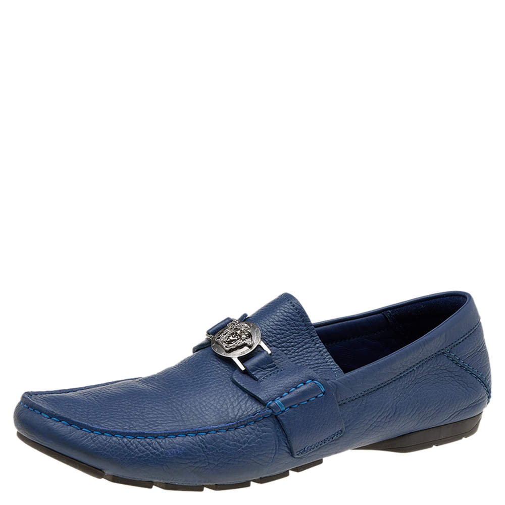 مملوكة مسبقًا Versace Blue Leather Medusa Embellished Slip On Loafers Size 45