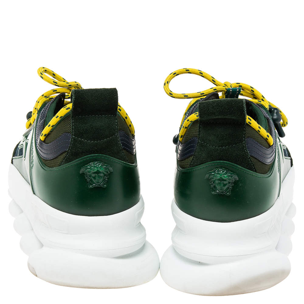 Versace Green Suede And Check Canvas Chain Reaction Sneakers Size