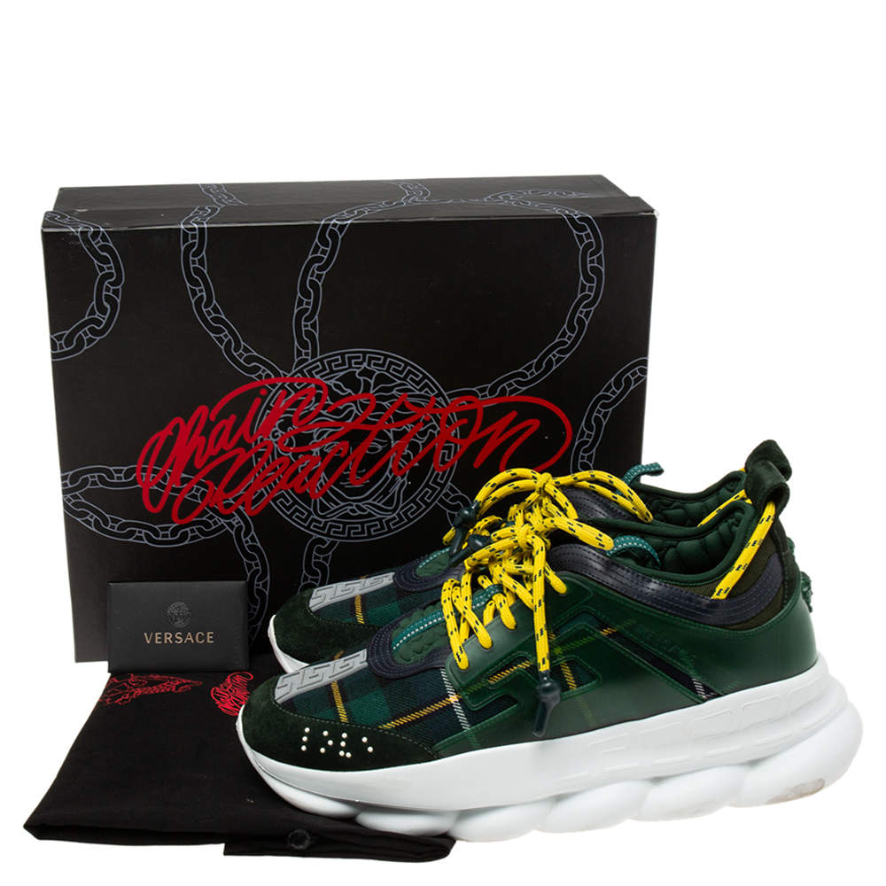 Versace Green Suede And Check Canvas Chain Reaction Sneakers Size