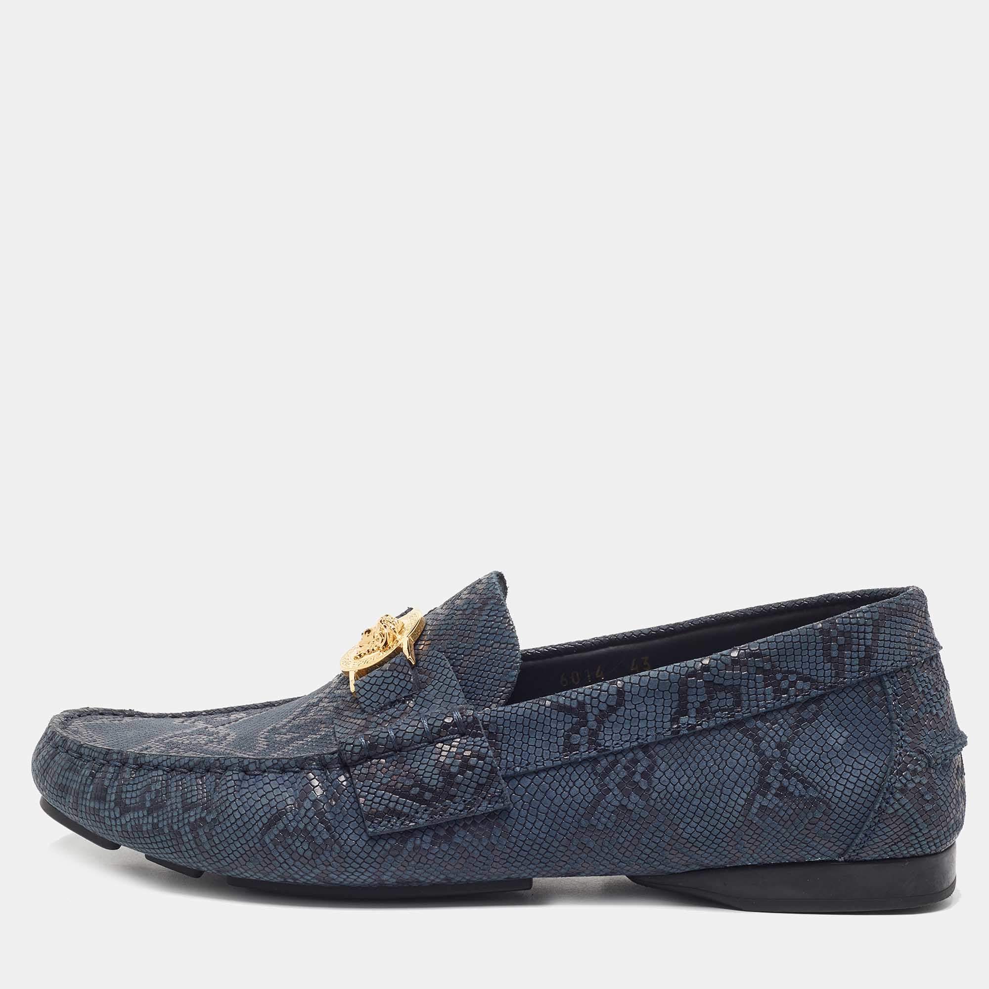 Versace Blue Lizard Embossed Leather Medusa Slip On Loafers Size 43