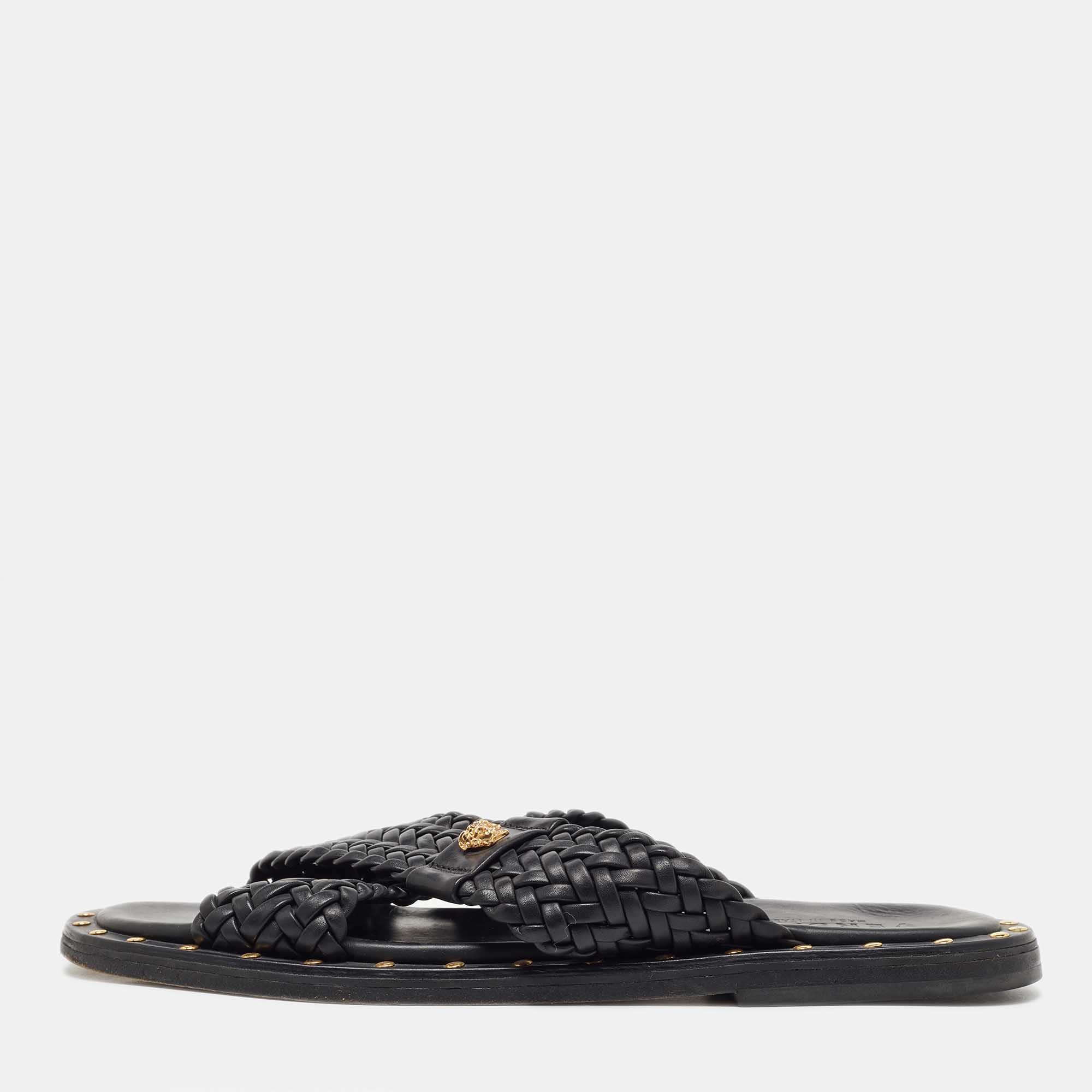 Luxury men's shoes - Versace black and gold Slides with medusa pattern