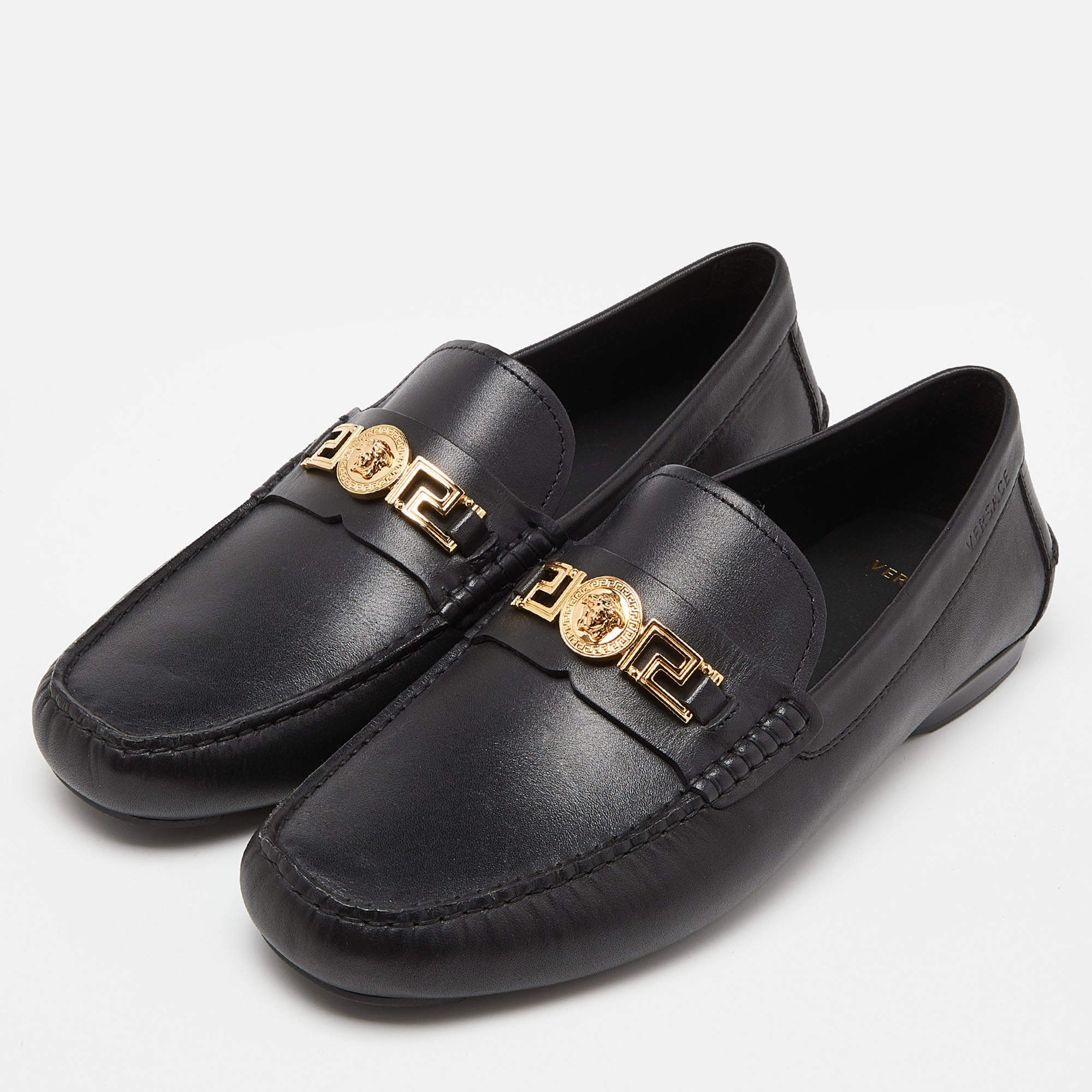 Versace Black Leather Medusa Slip On Loafers Size 44 Versace