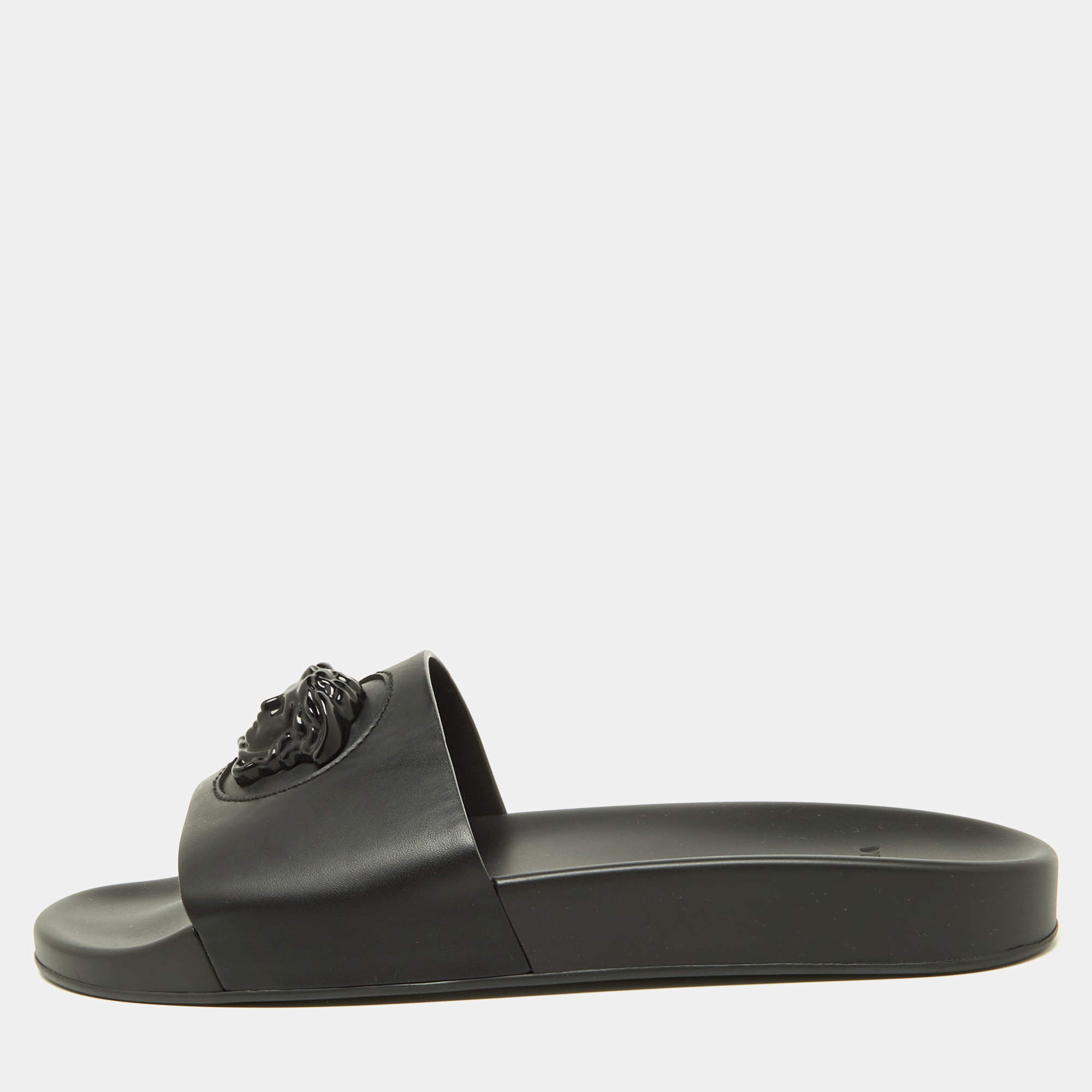Versace Black Leather Medusa Flat Slide Sandals Size 43