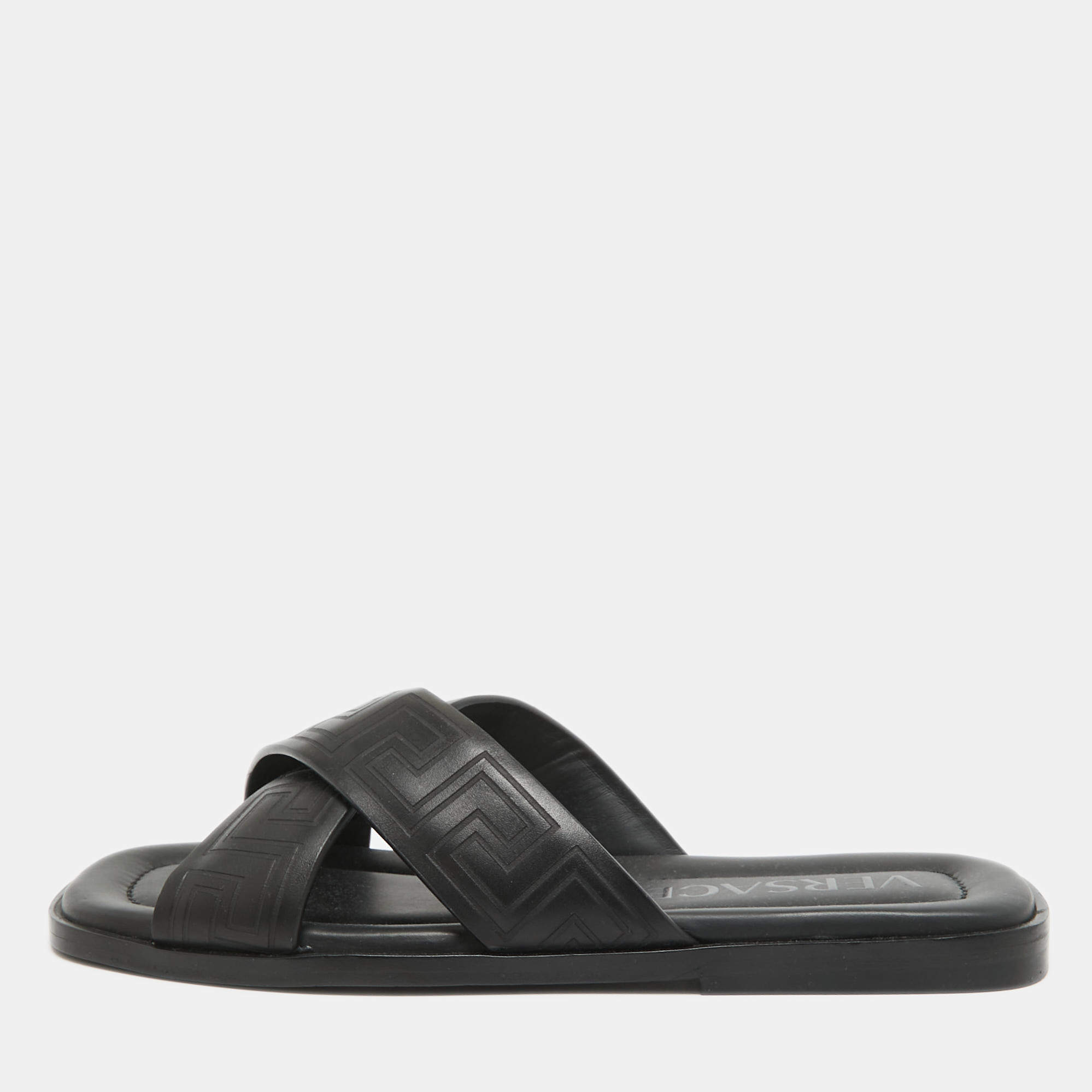 Versace Black Leather Greca Flat Slides Size 42.5