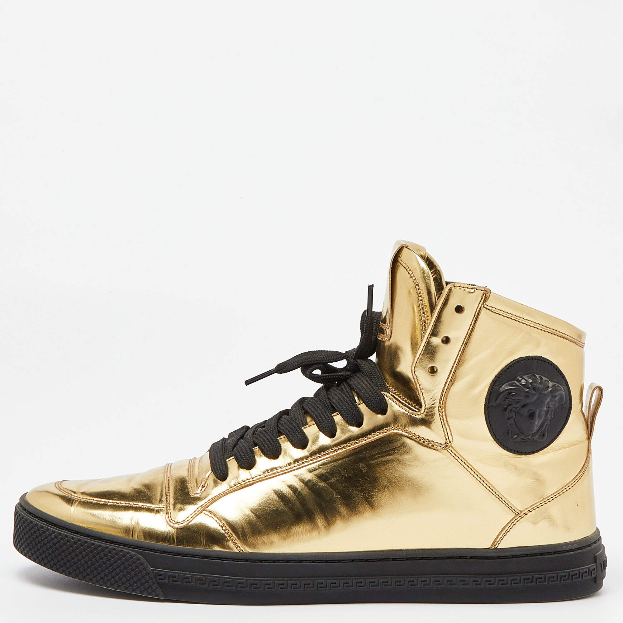 Pre Owned Versace Gold Laminated Leather Medusa Lace High Top Sneakers Size 43