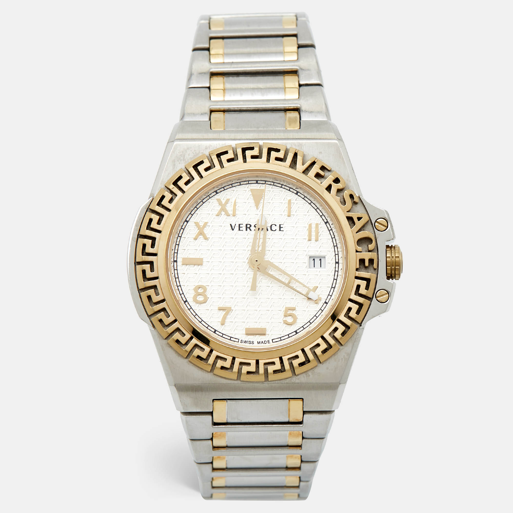 Pre Owned Versace Silver Two-Tone Stainless Steel Greca Reaction VE31 Men's Wristwatch 42 mm