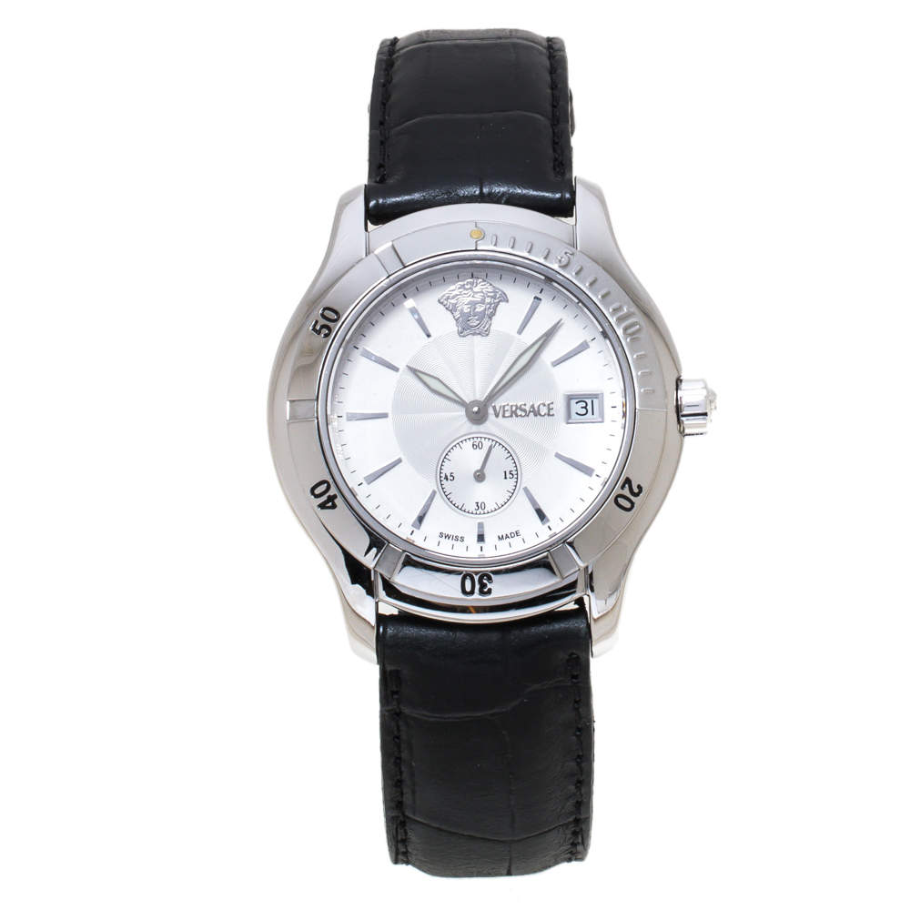 Pre Owned Versace Off-White Stainless Steel Embossed Leather Hurricane ULQ 99 Men's Wristwatch 36MM