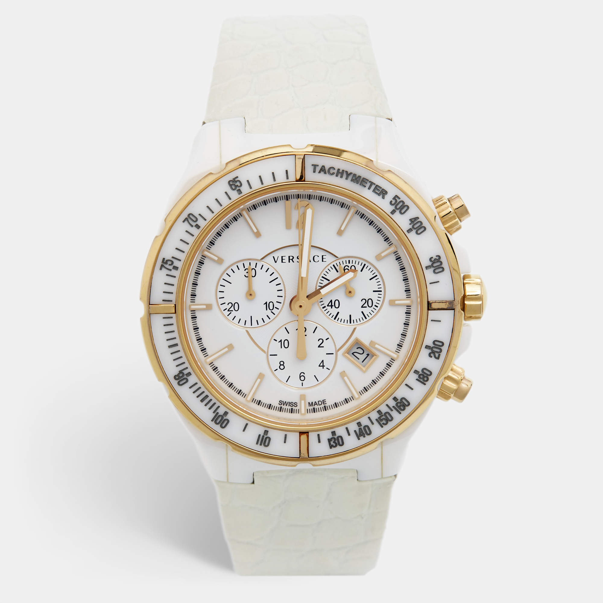 Versace White Ceramic Rose Gold Plated Stainless Steel Leather DV One Chronograph 28C Unisex Wristwatch 42 mm