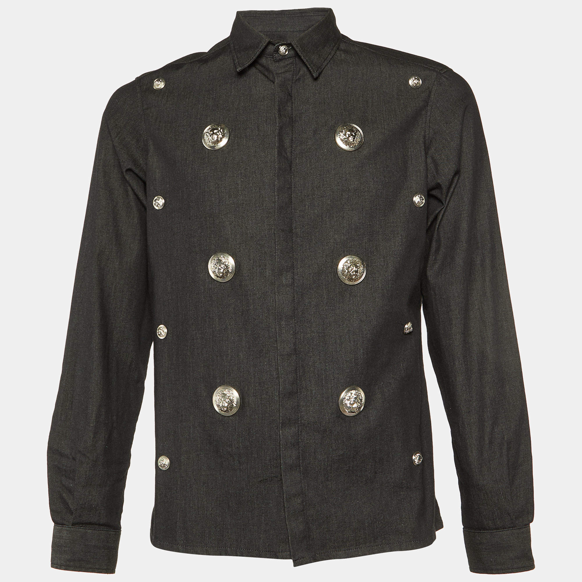Versus Versace Black Cotton Logo Button Embellished Shirt M