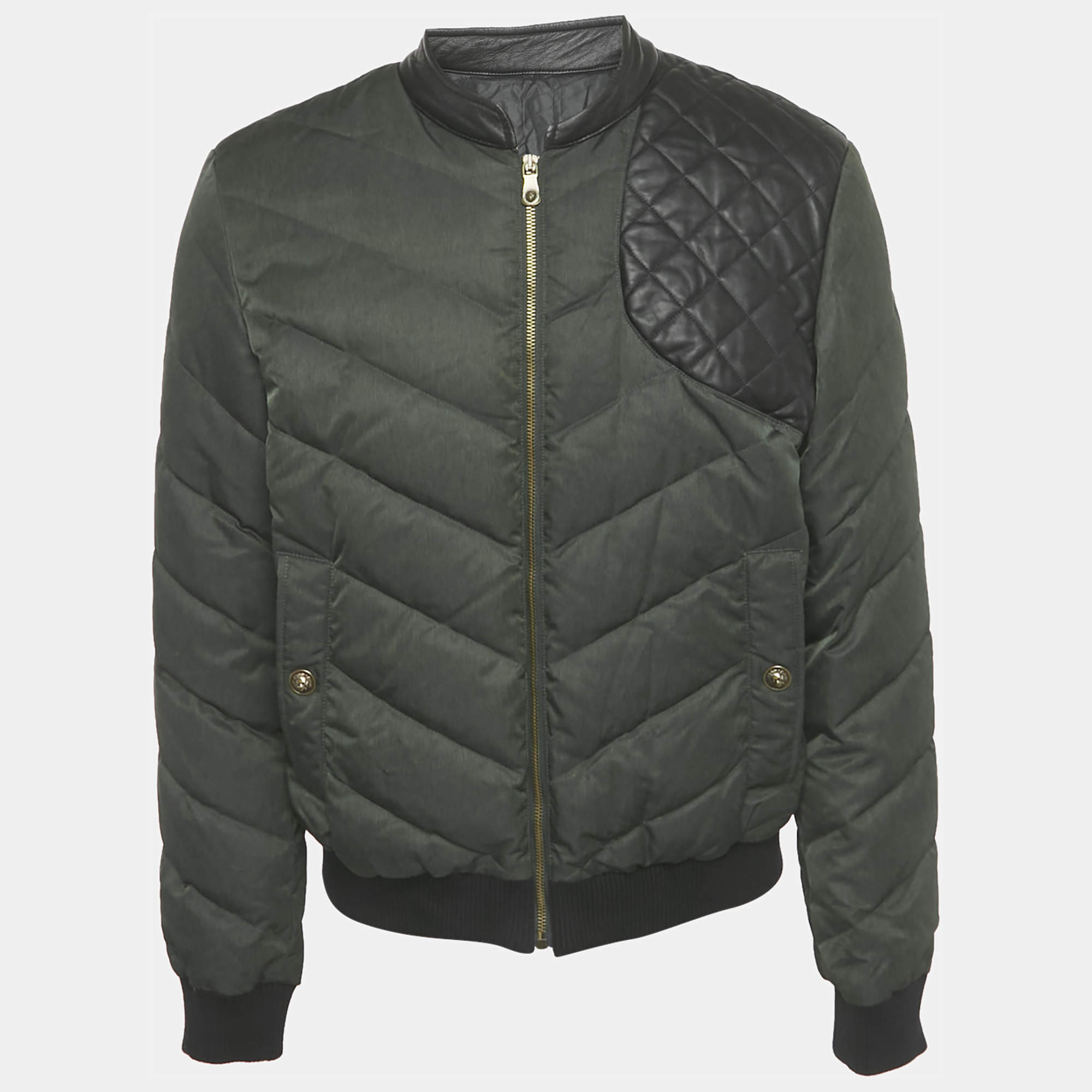Pre Owned Versus Versace Green Synthetic Zip-Up Quilted Down Jacket XL