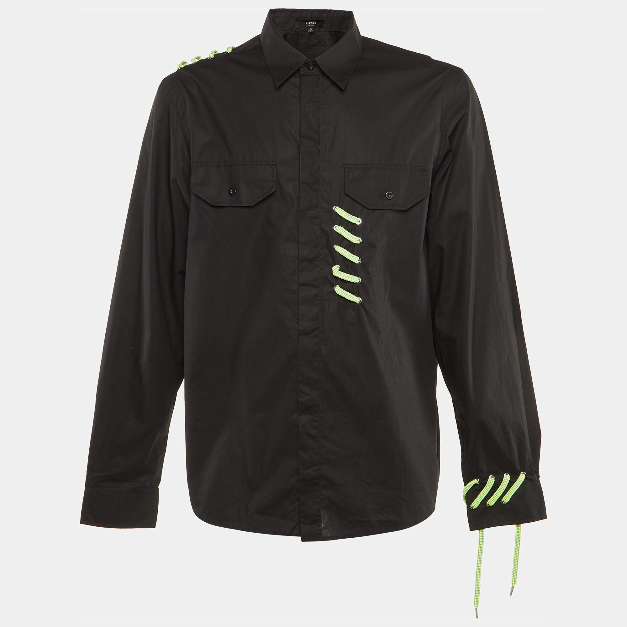 Pre Owned Versus Versace Black Cotton Lace Detail Shirt XXL