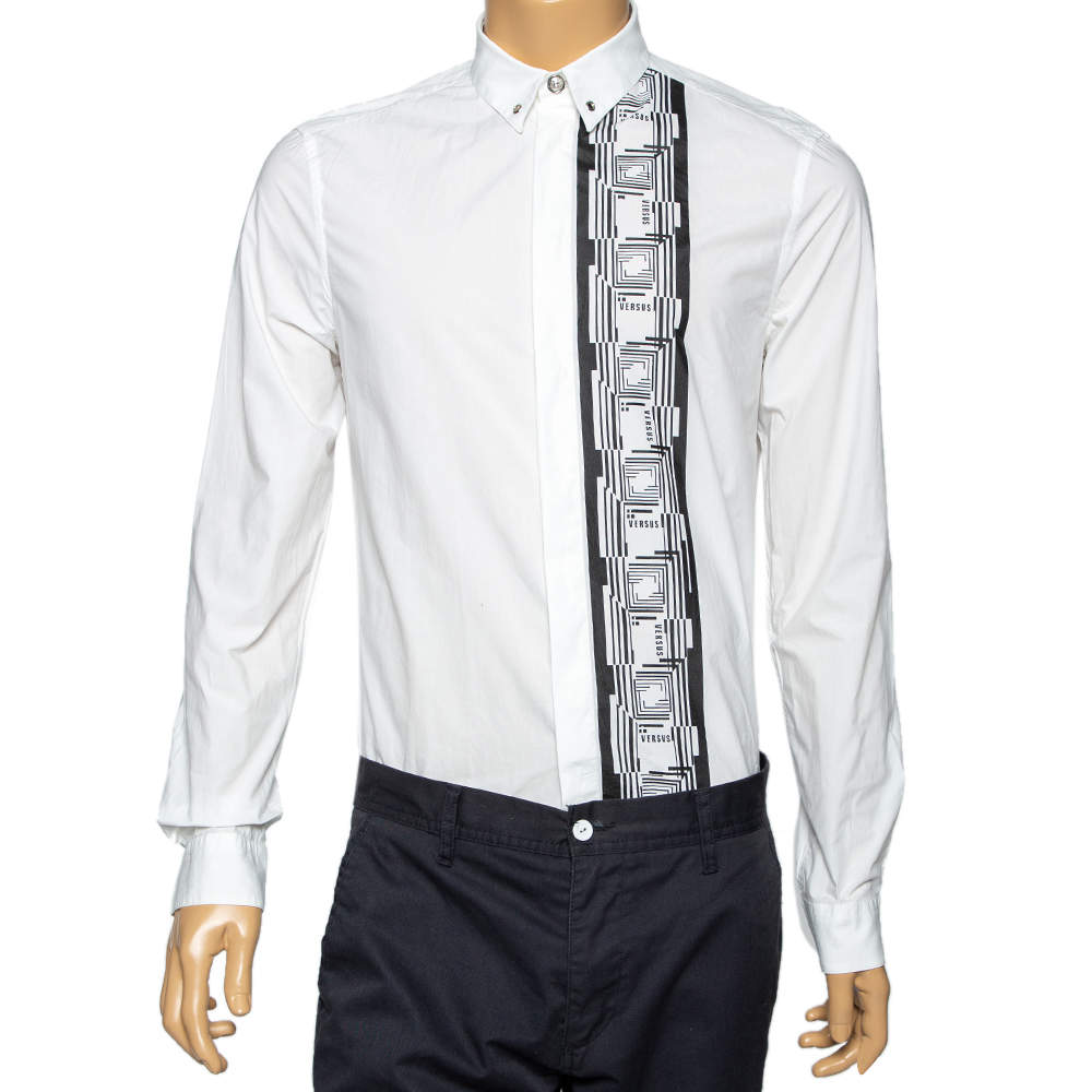 Pre Owned Versus Versace White Cotton Logo Printed Button Front Shirt M