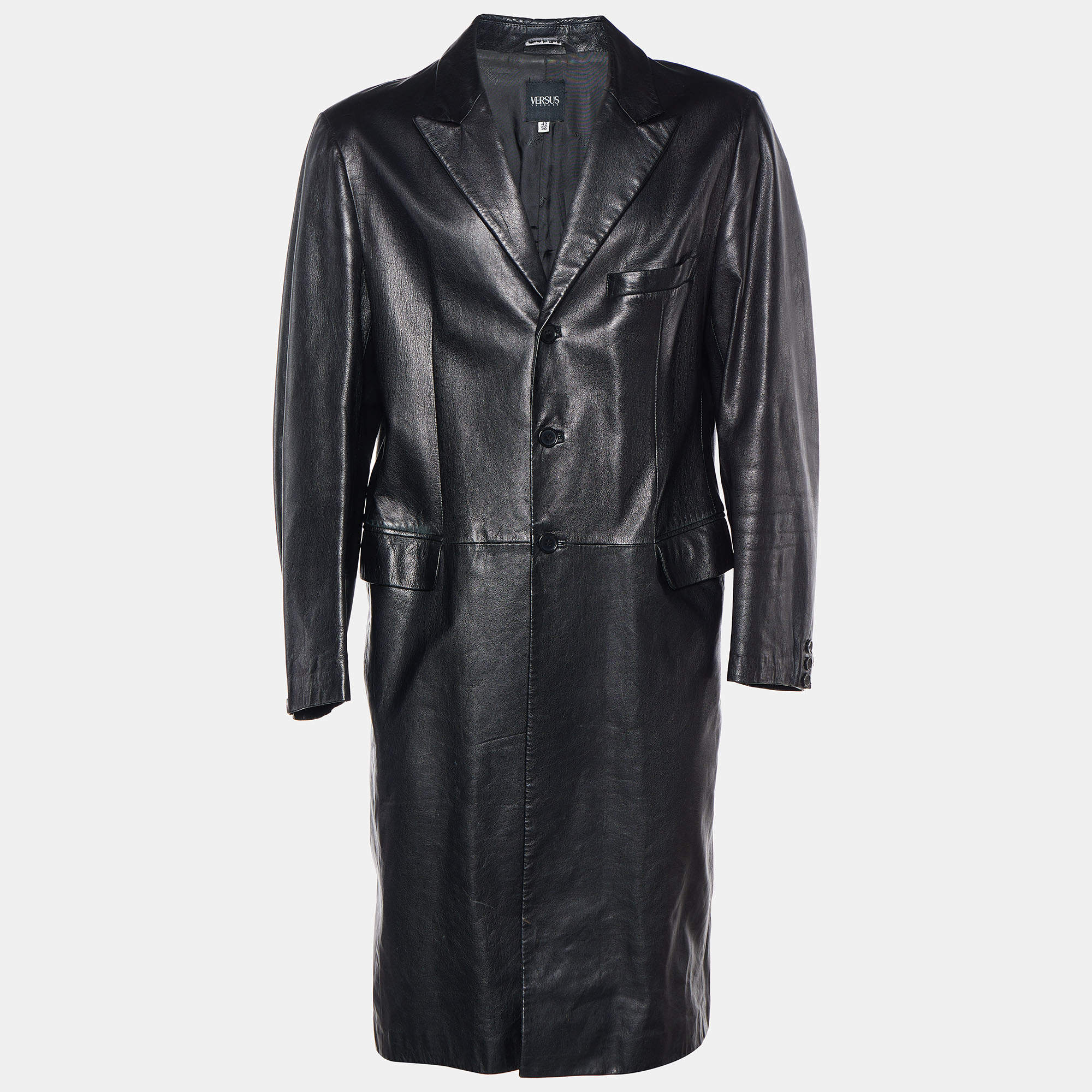 Versus Versace Black Leather Button Front Long Coat 3XL