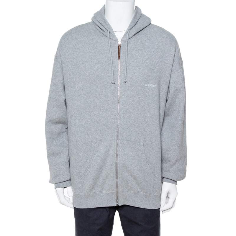 Pre Owned Vetements Grey Cotton Elbow Cutout Detail Zip Front Hoodie L